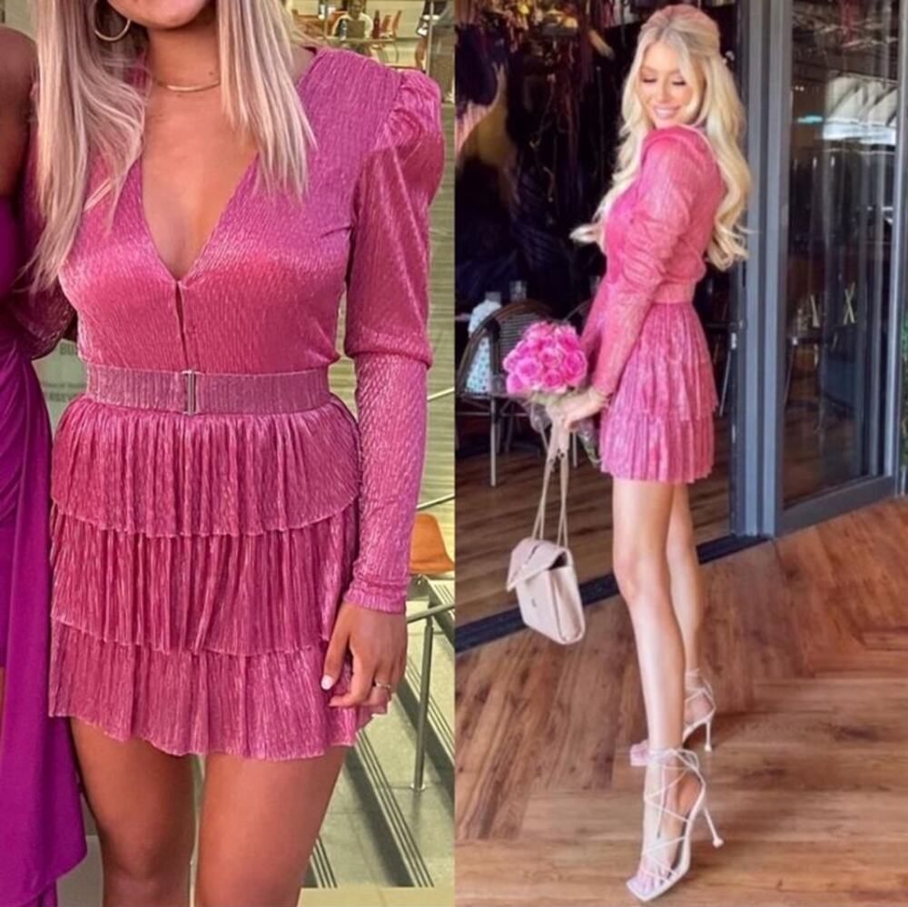 Sabina Musayev | Carry Mini Dress Hot Pink Metallic Foil Tiered Plissé L